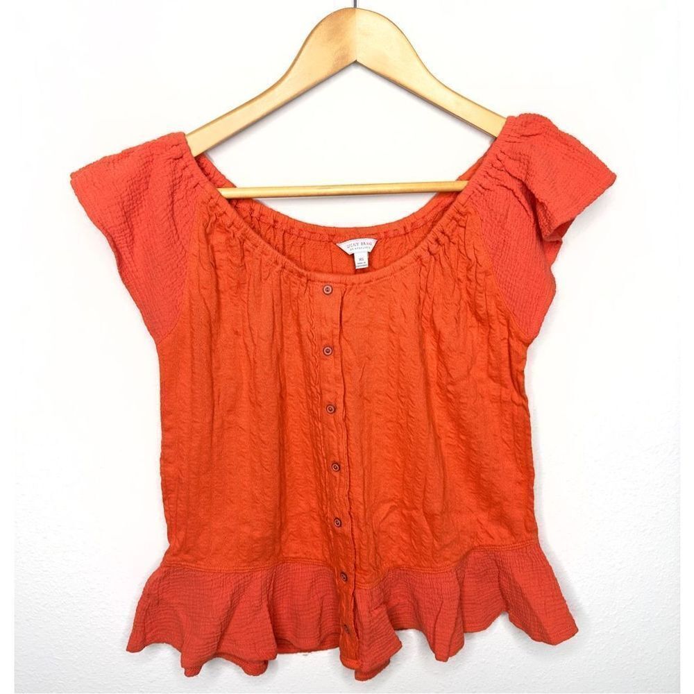 Lucky Brand Womens Orange Flutter Cap Sleeve Cotton Button Front Top Blouse XS